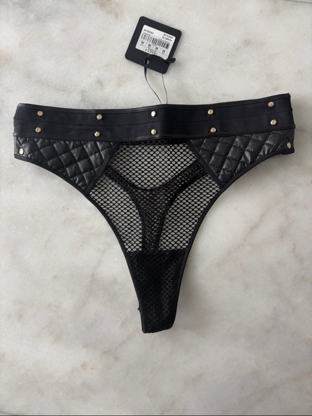 Honey Birdette Serena Black Quilted faux leather & Fishnet Thong Panty